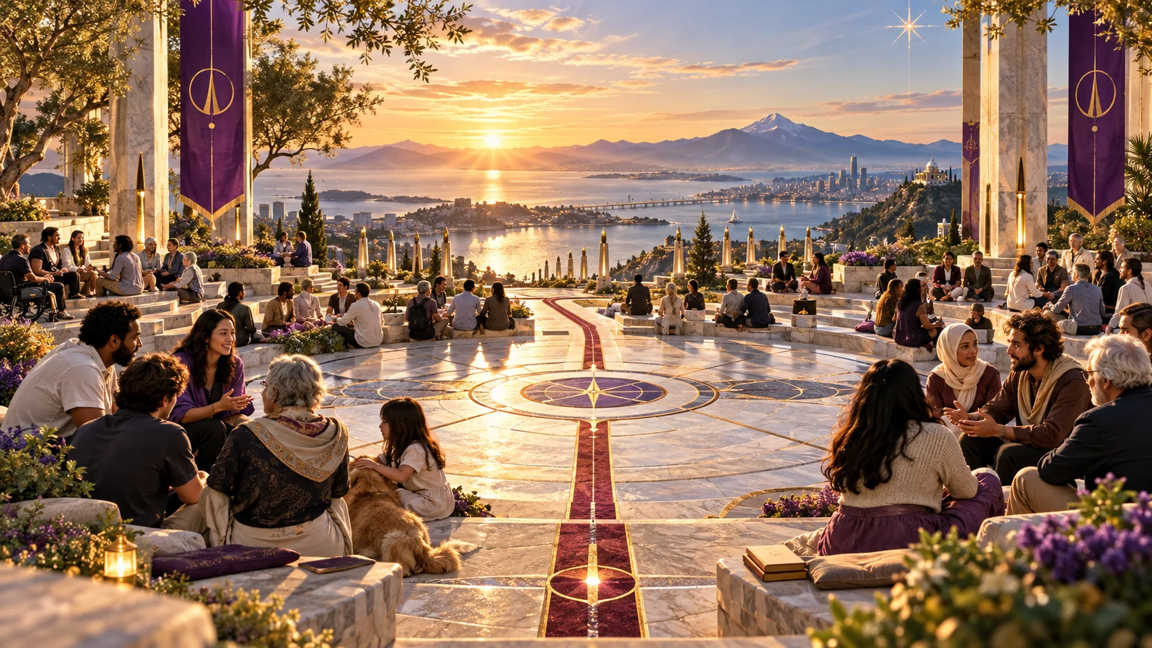 Conceptual scene of an open, welcoming public gathering at sunset overlooking water
