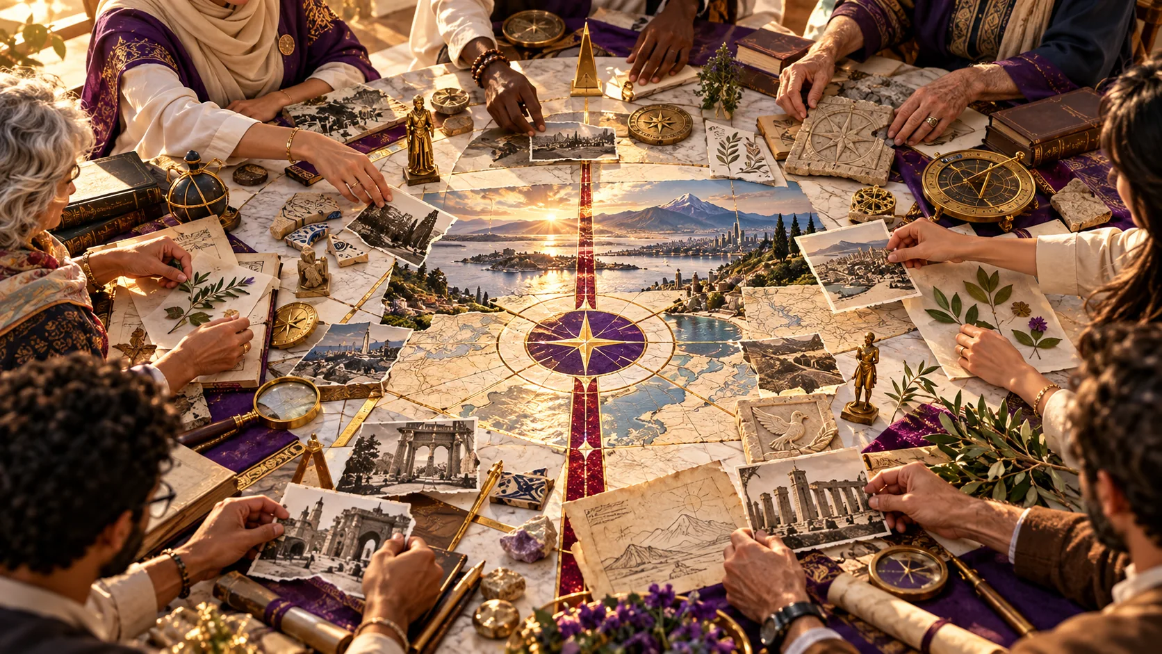 People carefully comparing maps, photographs, objects and historical documents
