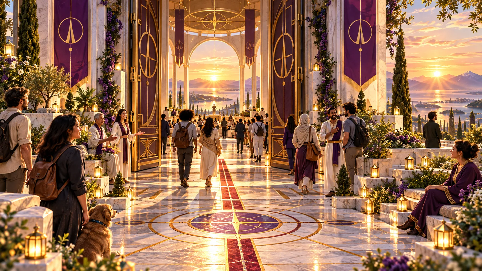 An open doorway with visitors entering a light-filled gathering space